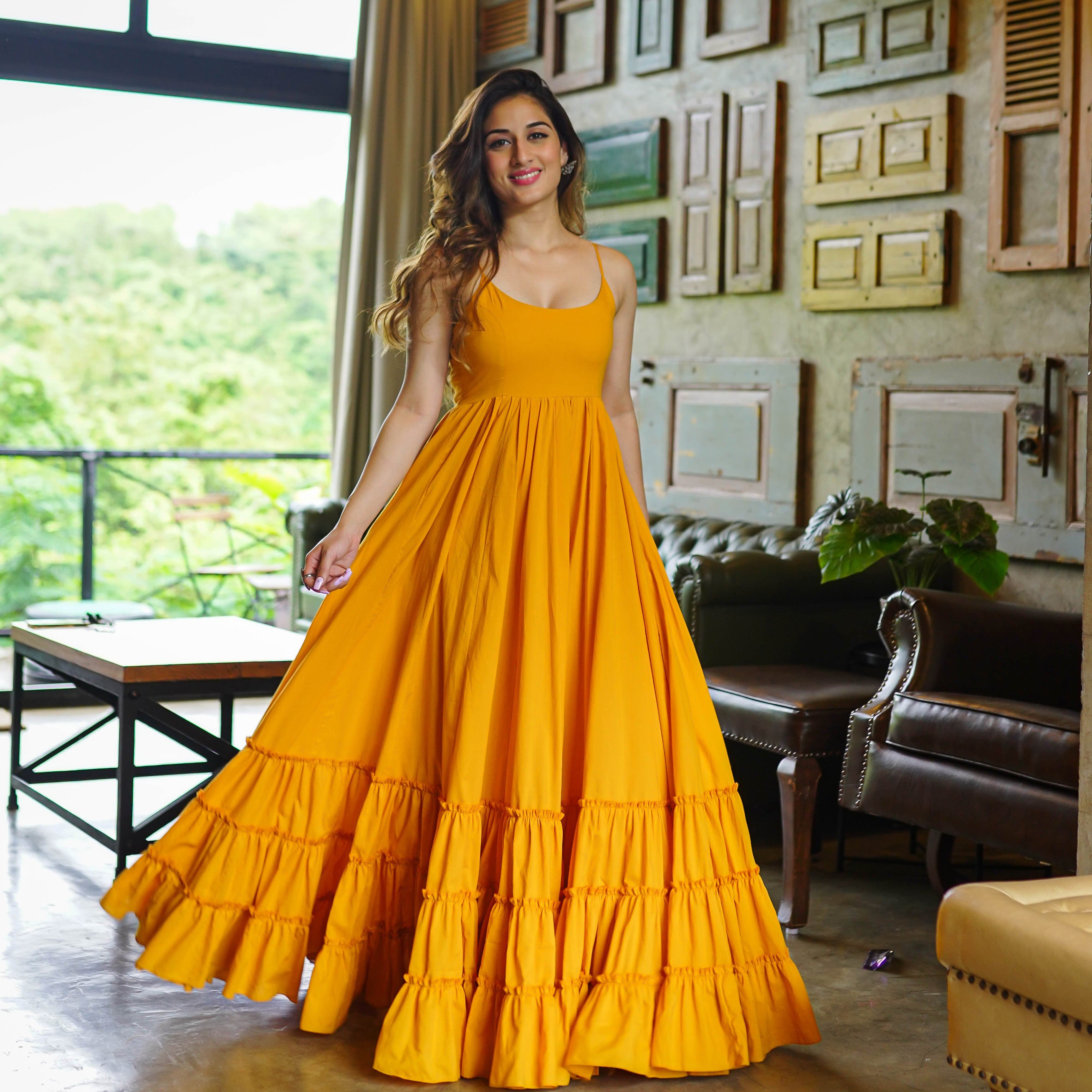 Olivia Mustard Cotton Maxi Dress For Women Online